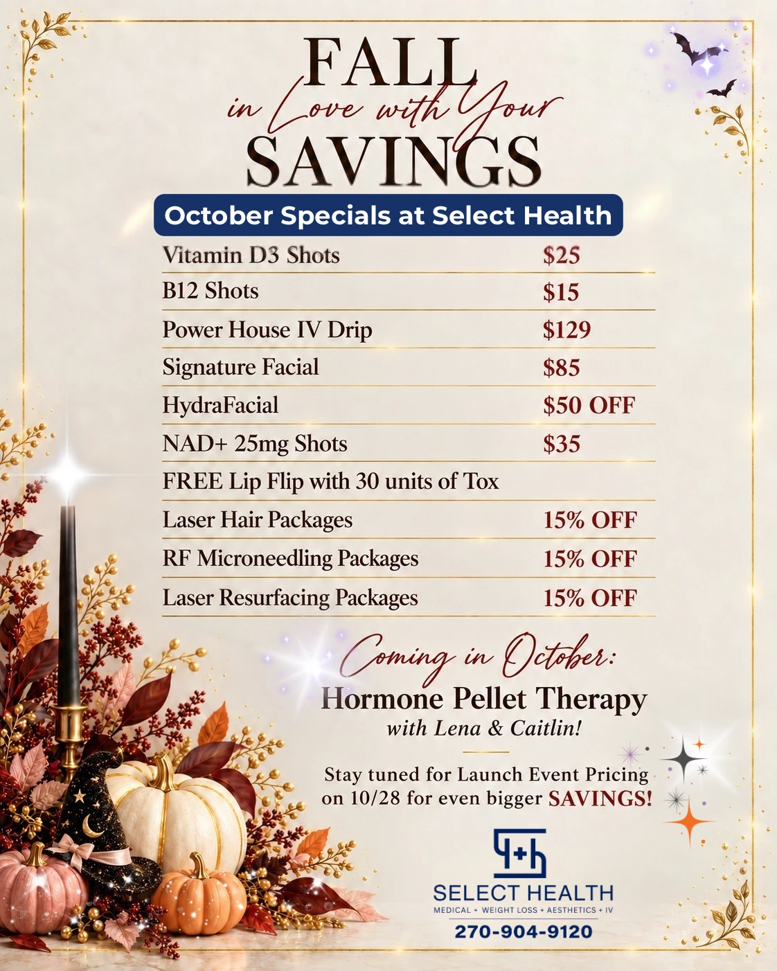 Current monthly specials at Select Health, including wellness and aesthetic offers. Contact the practice for offer details.